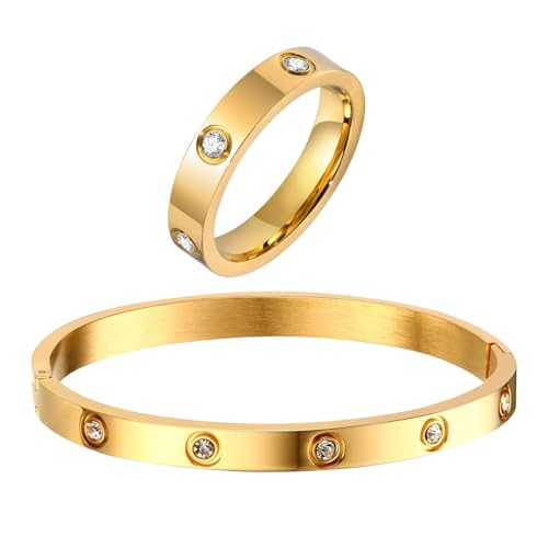 RIXERKOC Gold Ringe Armbänder für Damen 18K Gold plattiert Liebe Freundschaft Armband Cubic Zirkonia Armreif mit Ring Edelstahl Schmuck-Set Hochzeit Band Schmuck (Goldarmband mit Ring Größe 7) von RIXERKOC
