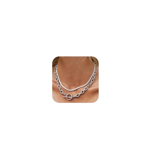 RIXERKOC Layered Chunky Gold Halskette für Damen Thick geschichtet Herringbone Paperclip Kette Halskette 18K Vergoldet Stapel Knebel Halsketten für Frauen Männer (Silber) von RIXERKOC