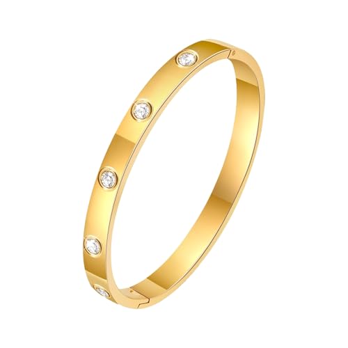RIXERKOC 18k Gold plattiert Liebe Freundschaft Armband mit kubischen Zirkonia Steinen Armreif für Frauen Männer Edelstahl Armband für Liebe Paar Schmuck Armreif Geschenke (52 * 62mm, Gold) von RIXERKOC