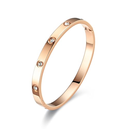 RIXERKOC 18k Gold plattiert Liebe Freundschaft Armband mit kubischen Zirkonia Steinen Armreif für Frauen Männer Edelstahl Armband für Liebe Paar Schmuck Armreif Geschenke (52 * 62mm, Roségold) von RIXERKOC