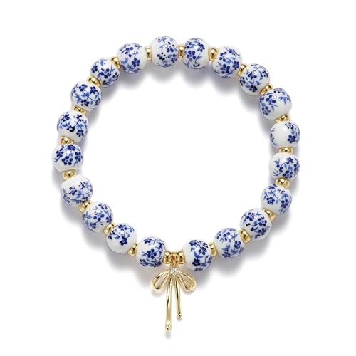 RIXERKOC Perlen Bogen Charme Armband für Damen Chinese Stil Keladon Armreif Vintage Blaue Blume Keramik Armband Handmade Stretch Gold Perlen Armbänder Romantischer Schmuck Geschenk (Blau) von RIXERKOC