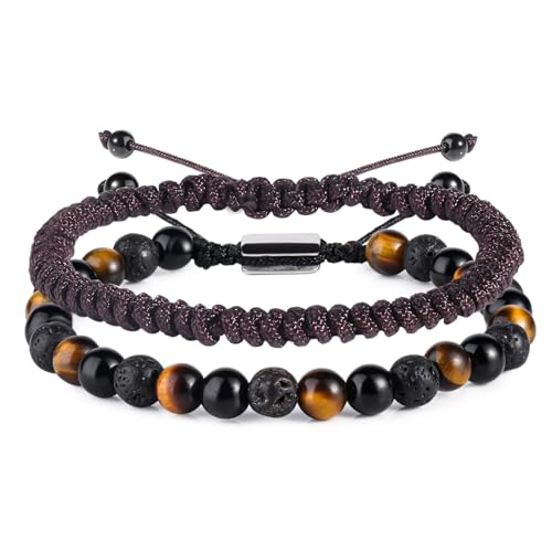 RIXERKOC Schwarze Obsidian Armbänder für Herren 6mm Tigerauge Onyx Lavastein Perlen Armband Set, Verstellbare Handgemachte Naturstein Armbänder Jahrestag Vatertagsgeschenk von RIXERKOC