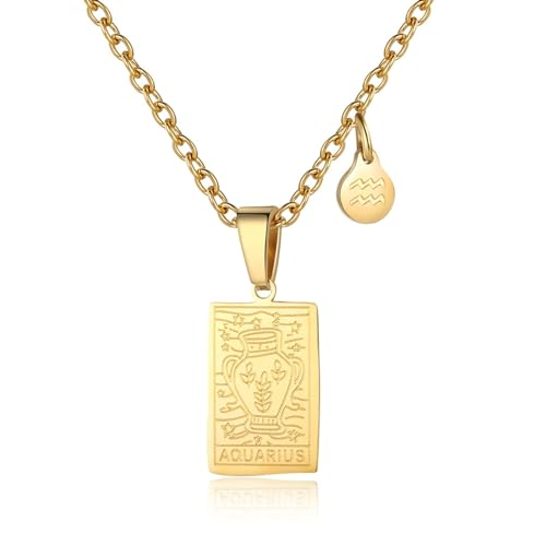 RIXERKOC Sternzeichen-Halskette für Frauen Konstellation Tarot-Karten-Anhänger Doppelseitig 18K Gold Edelstahl Sternzeichen-Schmuck Geschenke für Mädchen (Aquarius) von RIXERKOC