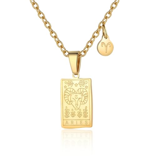 RIXERKOC Sternzeichen-Halskette für Frauen Konstellation Tarot-Karten-Anhänger Doppelseitig 18K Gold Edelstahl Sternzeichen-Schmuck Geschenke für Mädchen (Aries) von RIXERKOC