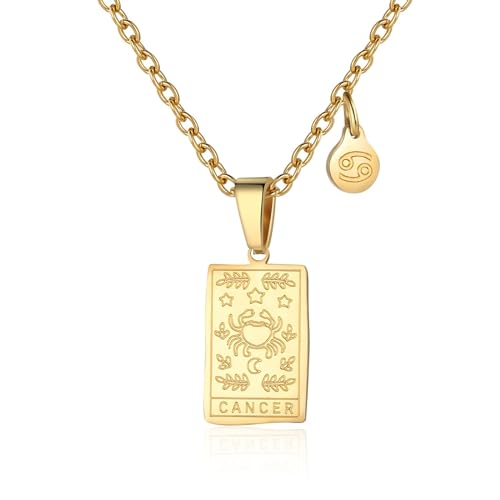 RIXERKOC Sternzeichen-Halskette für Frauen Konstellation Tarot-Karten-Anhänger Doppelseitig 18K Gold Edelstahl Sternzeichen-Schmuck Geschenke für Mädchen (Cancer) von RIXERKOC