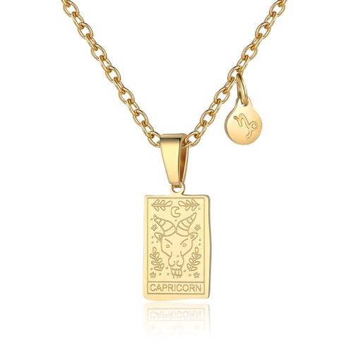 RIXERKOC Sternzeichen-Halskette für Frauen Konstellation Tarot-Karten-Anhänger Doppelseitig 18K Gold Edelstahl Sternzeichen-Schmuck Geschenke für Mädchen (Capricorn) von RIXERKOC