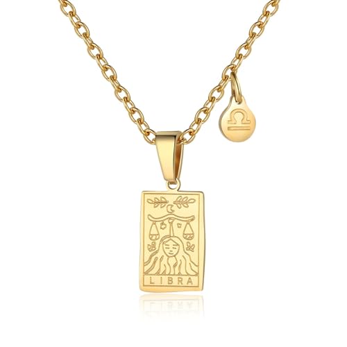 RIXERKOC Sternzeichen-Halskette für Frauen Konstellation Tarot-Karten-Anhänger Doppelseitig 18K Gold Edelstahl Sternzeichen-Schmuck Geschenke für Mädchen (Libra) von RIXERKOC