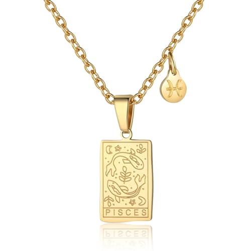 RIXERKOC Sternzeichen-Halskette für Frauen Konstellation Tarot-Karten-Anhänger Doppelseitig 18K Gold Edelstahl Sternzeichen-Schmuck Geschenke für Mädchen (Pisces) von RIXERKOC