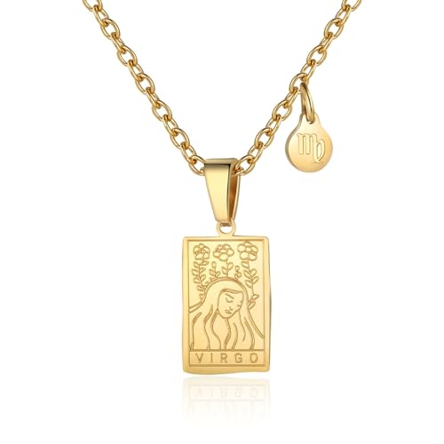 RIXERKOC Sternzeichen-Halskette für Frauen Konstellation Tarot-Karten-Anhänger Doppelseitig 18K Gold Edelstahl Sternzeichen-Schmuck Geschenke für Mädchen (Virgo) von RIXERKOC