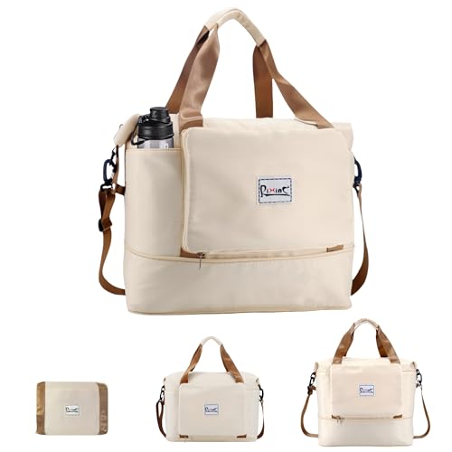 Faltbare Reisetasche mit mehreren Taschen, 40 l, erweiterbare Wochenendtasche für Damen, Übernachtung, Handgepäcktasche mit Wasserflaschenhalter, Beige, Faltbar und erweiterbar von RIXINC
