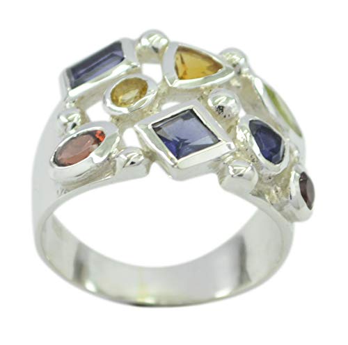 RIYO Frei ansprechender natürlicher Multi-Ring aus 925er Sterlingsilber, Multi-Multi-Edelstein-Silberring von RIYO