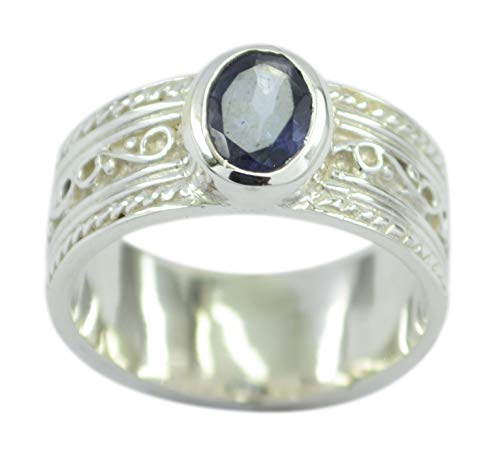 RIYO regelmäßiger 925er Sterlingsilber faszinierender natürlicher Blauer Ring, Iolitblauer Edelstein-Silberring von RIYO