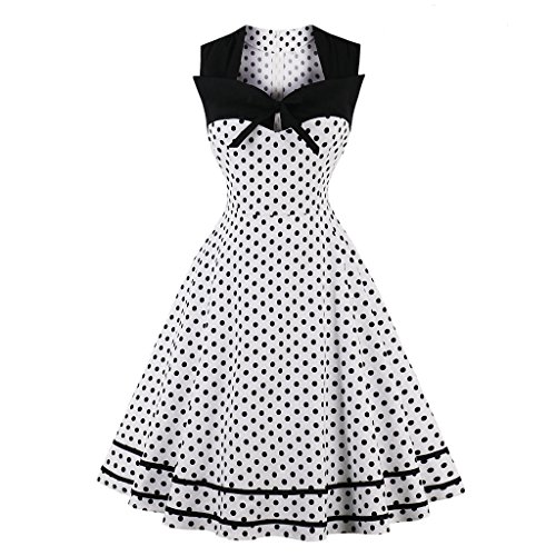 1950er Polka Dots Retro Rockabilly Kleid Elegant mit Druck Swing Weinlese 50s Hepburn Partykleider Cocktailkleid Festliches Petticoat Faltenrock S-4XL (4XL, Weiß) von RIZ-ZOAWD