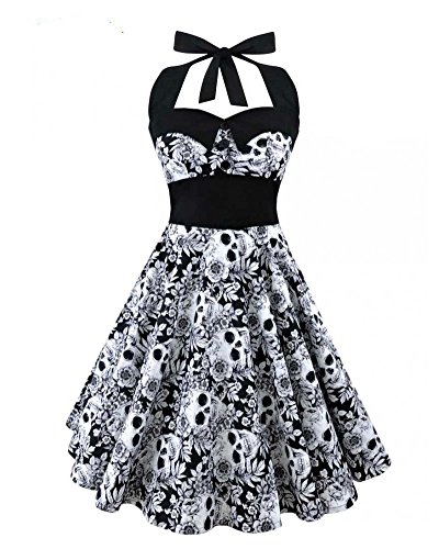 Damen 1950s Retro Rockabilly Skull Kleid Elegant Neckholder Kleid mit Schädel Druck Swing Weinlese 50s Hepburn Partykleider Cocktailkleid Festliches Petticoat Faltenrock (3XL, Schwarz) von RIZ-ZOAWD