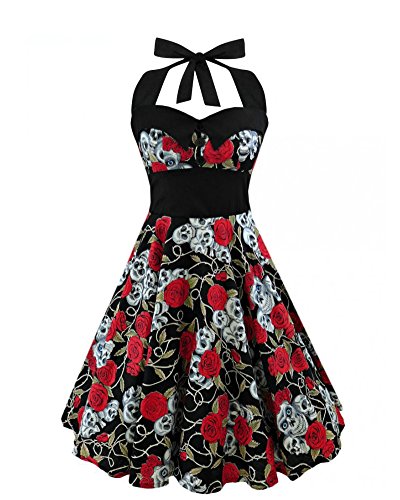 Damen 1950s Retro Rockabilly Skull Kleid Elegant Neckholder Kleid mit Schädel Druck Swing Weinlese 50s Hepburn Partykleider Cocktailkleid Festliches Petticoat Faltenrock (4XL, Rot und Schwarz) von RIZ-ZOAWD