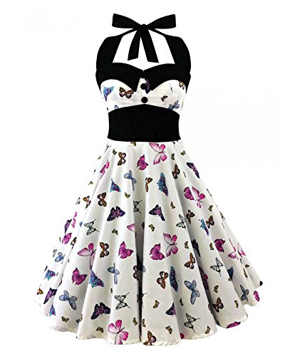 Damen 1950s Retro Rockabilly Skull Kleid Elegant Neckholder Kleid mit Schädel Druck Swing Weinlese 50s Hepburn Partykleider Cocktailkleid Festliches Petticoat Faltenrock (5XL, Weiß) von RIZ-ZOAWD