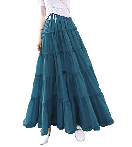 Damen Chiffon Rock Maxi Faltenrock-Retro Boho Rock Lang Hohe Taille Elastische Taille Casual Röcke Strandrock (M, Sparrow Green 16) von RIZ-ZOAWD