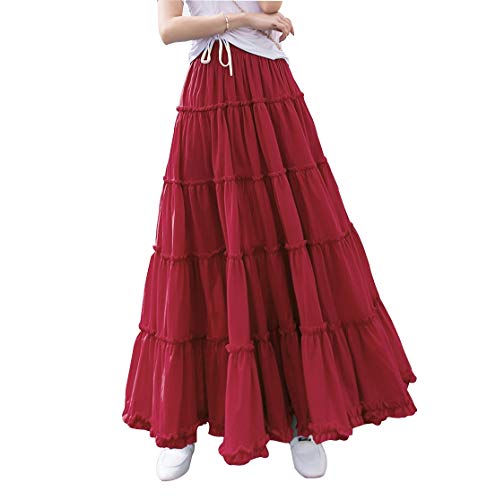 Damen Chiffon Rock Maxi Faltenrock-Retro Boho Rock Lang Hohe Taille Elastische Taille Casual Röcke Strandrock (M, Weinrot 16) von RIZ-ZOAWD