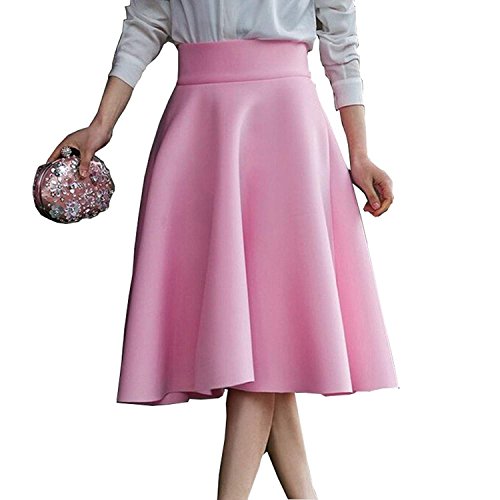 Damen Einfarbig Maxirock hohe Taille gefalteten Falten Rock Plisseerock Maxi Swing Mode Normallack Röcke (4XL-Taille: 34.65"/36.22 ", Rosa) von RIZ-ZOAWD