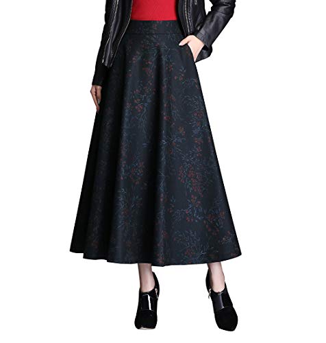 Damen Elegante Lang Rock Rock Retro a Linie Elastische Taille Herbst Winter Warm Langen Rock Hohe Taille Ausgestelltem Blaue Streifen Röcke (L (Taille: 72 cm), Blume) von RIZ-ZOAWD