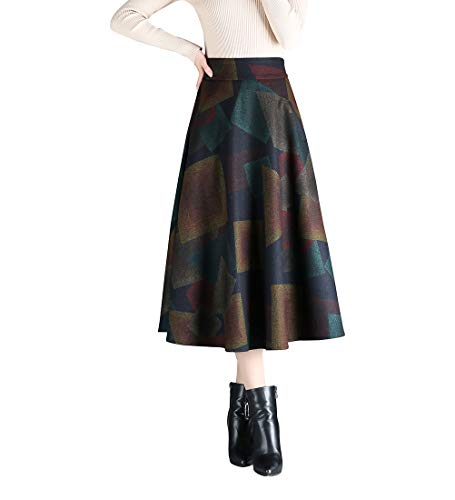 Damen Elegante Vintage Druck Gitter Wolle Lange Rock Mädchen Herbst und Winter warm Midi Rock (S (Taille: 24,8 "), Geometrie) von RIZ-ZOAWD