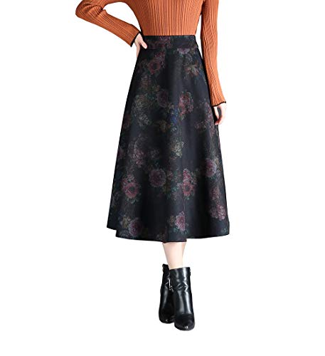 Damen Elegante Vintage Druck Gitter Wolle Lange Rock Mädchen Herbst und Winter warm Midi Rock (XXL (Taille: 30,31 "), Blume) von RIZ-ZOAWD