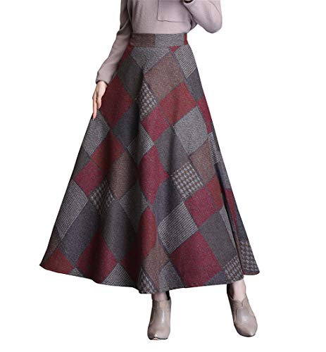 Damen Elegante Wolle Langen Rock warm Retro elastische Taille A-Linie Gitter Herbst und Winter Pleated Maxi Wolle Flared Rock (L (Taille: 72 cm), Farbe 10) von RIZ-ZOAWD