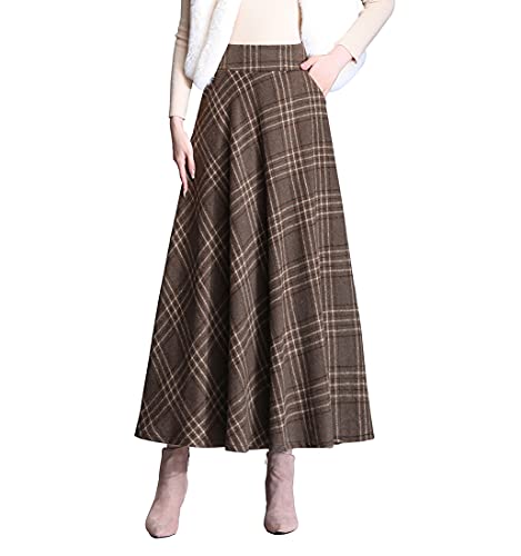 Damen Elegante Wolle Langen Rock warm Retro elastische Taille A-Linie Gitter Herbst und Winter Pleated Maxi Wolle Flared Rock (L (Taille: 72 cm), Farbe 5) von RIZ-ZOAWD