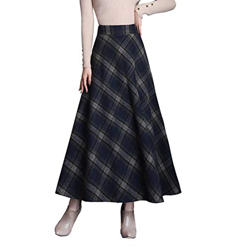 Damen Elegante Wolle Langen Rock warm Retro elastische Taille A-Linie Gitter Herbst und Winter Pleated Maxi Wolle Flared Rock (XL (Taille: 76 cm), Farbe 7) von RIZ-ZOAWD