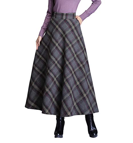 Damen Elegante Wolle Langen Rock warm Retro elastische Taille A-Linie Gitter Herbst und Winter Pleated Maxi Wolle Flared Rock (XXL (Taille: 80 cm), Farbe 8) von RIZ-ZOAWD