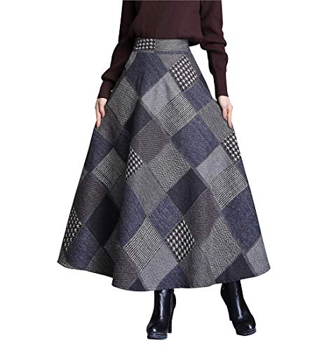 Damen Elegante Wolle Langen Rock warm Retro elastische Taille A-Linie Gitter Herbst und Winter Pleated Maxi Wolle Flared Rock (XXL (Taille: 80 cm), Farbe 9) von RIZ-ZOAWD