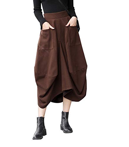 Damen Elegante Wolle Unregelmäßiges Langen Rock Hose Mode Warm Elastische Taille Herbst und Winter Pleated Midi Wolle Flared Röcke (L (Elastische Taille: 72 cm), Brown) von RIZ-ZOAWD