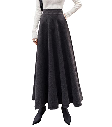 Damen Hohe Taille Lang Rock Winterrock Elegante Karierter Wollrock A-Linie Maxi Röcke Faltenrock Dunkelgrau-L von RIZ-ZOAWD