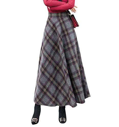 Damen Hohe Taille Lang Rock Winterrock Elegante Karierter Wollrock A-Linie Maxi Röcke Faltenrock Grau-L von RIZ-ZOAWD