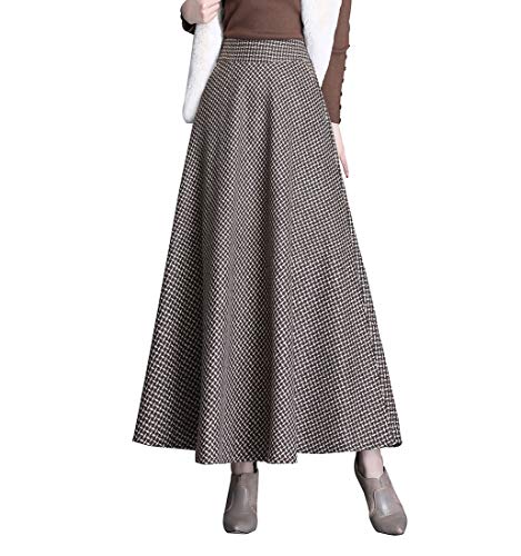 Damen Hohe Taille Lang Rock Winterrock Elegante Karierter Wollrock A-Linie Maxi Röcke Faltenrock Khaki-XXL von RIZ-ZOAWD