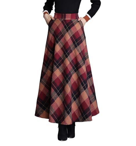 Damen Hohe Taille Lang Rock Winterrock Elegante Karierter Wollrock A-Linie Maxi Röcke Faltenrock Rot-L von RIZ-ZOAWD