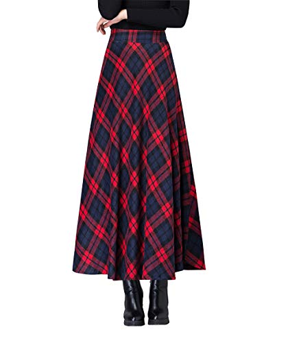 Damen Hohe Taille Lang Rock Winterrock Elegante Karierter Wollrock A-Linie Maxi Röcke Faltenrock Rot-XXXL von RIZ-ZOAWD