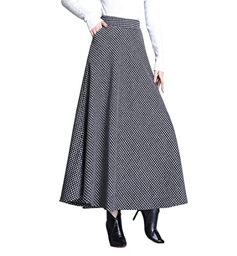Damen Hohe Taille Lang Rock Winterrock Elegante Karierter Wollrock A-Linie Maxi Röcke Faltenrock Schwarz-XXXL von RIZ-ZOAWD
