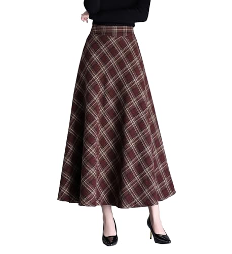 Damen Hohe Taille Lang Rock Winterrock Elegante Karierter Wollrock A-Linie Maxi Röcke Faltenrock Weinrot-M von RIZ-ZOAWD