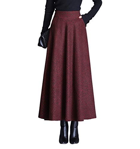 Damen Hohe Taille Lang Rock Winterrock Elegante Karierter Wollrock A-Linie Maxi Röcke Faltenrock Weinrot-XL von RIZ-ZOAWD