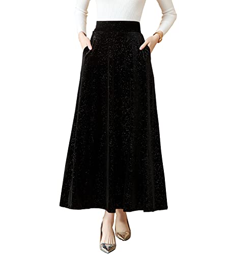 Damen Lang Rock Hohe Taille Samt Winterrock Warm Vintage Elegante Casual Elastische Taille A-Linie Winter Maxi Faltenrock Black-L von RIZ-ZOAWD