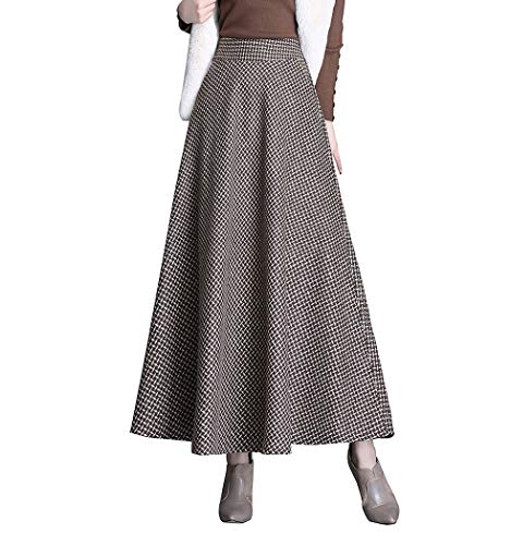 Damen Lang Rock Winter Warm Wollrock Vintage Elegante Gitter Rock Casual Winterrock Elastische Taille A-Linie Midi Rock Hohe Taille Rock Faltenrock Khaki-L von RIZ-ZOAWD