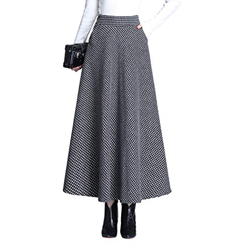 Damen Lang Rock Winter Warm Wollrock Vintage Elegante Gitter Rock Casual Winterrock Elastische Taille A-Linie Midi Rock Hohe Taille Rock Faltenrock Schwarz-L von RIZ-ZOAWD