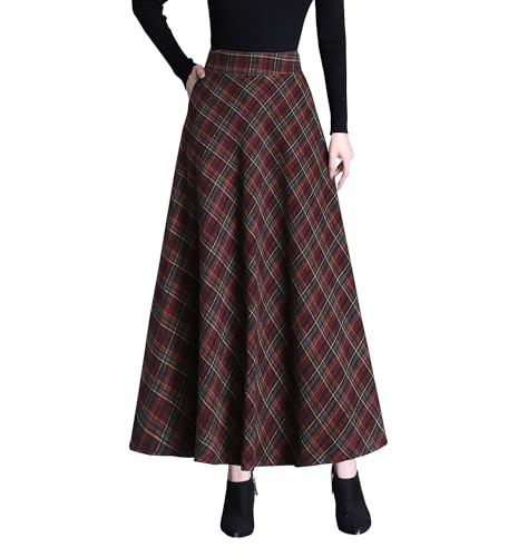 Damen Lang Rock Winter Warm Wollrock Vintage Elegante Karierter Rock Casual Winterrock Elastische Taille A-Linie Midi Rock Hohe Taille Rock Faltenrock Red-M von RIZ-ZOAWD