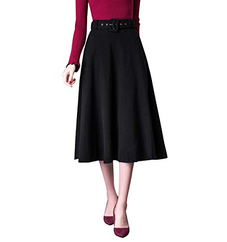 Damen Retro Elegante Hohe Taille Midi Wollrock a Linie Passenden Gurt Herbst Winter Warm Mode Röcke Langen Wolle Rock Ausgestelltem Feste Farbe Rock (L (Taille: 72 cm, Länge: 75 cm), Schwarz) von RIZ-ZOAWD