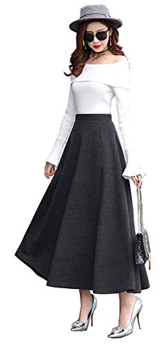 Damen Retro Elegante Lang Rock Winterrock Hohe Taille Wollrock A Linie Elastische Taille Warm Maxi Röcke Ausgestelltem Feste Farbe Faltenrock 3XL von RIZ-ZOAWD