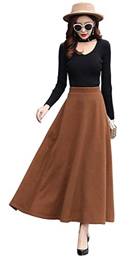 Rock Damen Lang Winterrock Retro Elegante Hohe Taille Wollrock A Linie Elastische Taille Warm Maxi Röcke Ausgestelltem Feste Farbe Faltenrock M von RIZ-ZOAWD