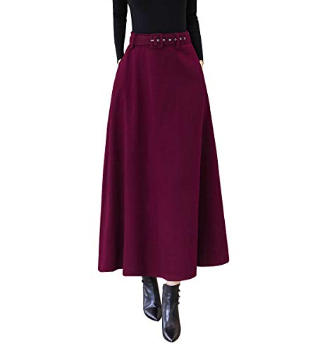 Damen Rock Lang Winterrock Wollrock Warm Hohe Taille Elegante Vintage Rock Casual A-Linie Maxi Rock Faltenrock (S, Rotwein) von RIZ-ZOAWD