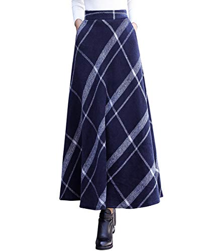 Damen Vintage Elegante Gestreifter Plaid Wollrock a Linie Herbst Winter Warm Röcke Langen Elastische Taille Rock Hohe Taille Ausgestelltem Rock (S (Taille: 64-70 cm), Blau) von RIZ-ZOAWD