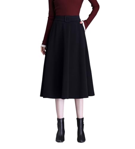 Damen Vintage Hohe Taille Lang Rock Wollrock Warm Winterrock Elegante A-Linie Midi Röcke Elastische Taille Faltenrock Black-L von RIZ-ZOAWD